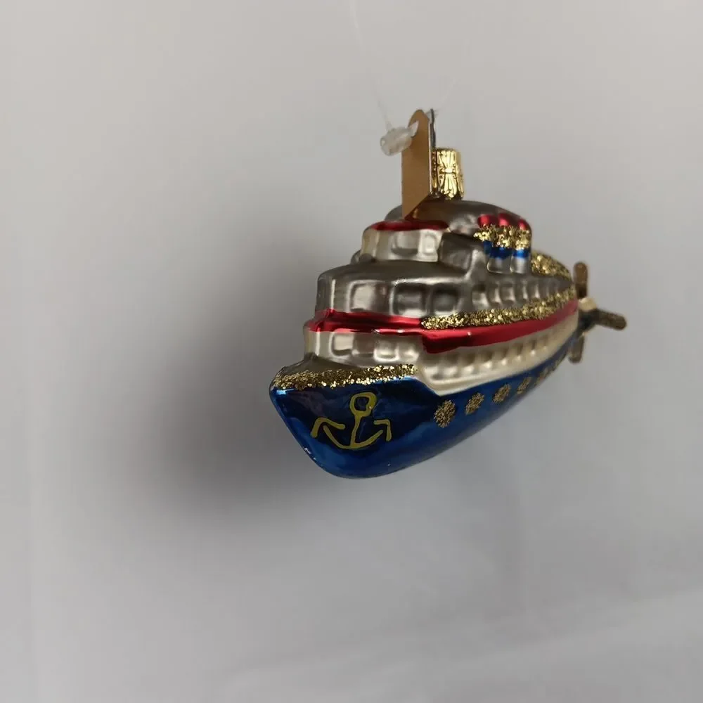 Discovery Channel Blown Glass Ornament Ship Yacht Glitter Christmas Tree Holiday